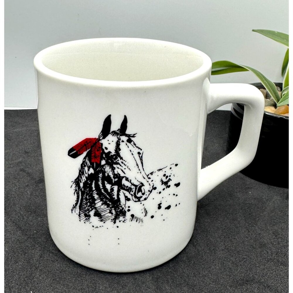 Vintage Ceramic Mug With Black Horse Red Feather Detail